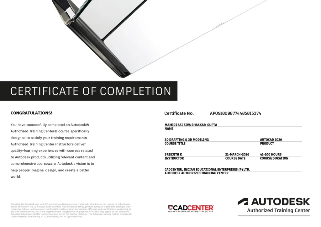 Autodesk certificate - CAD Center Hyderabad Telangana India