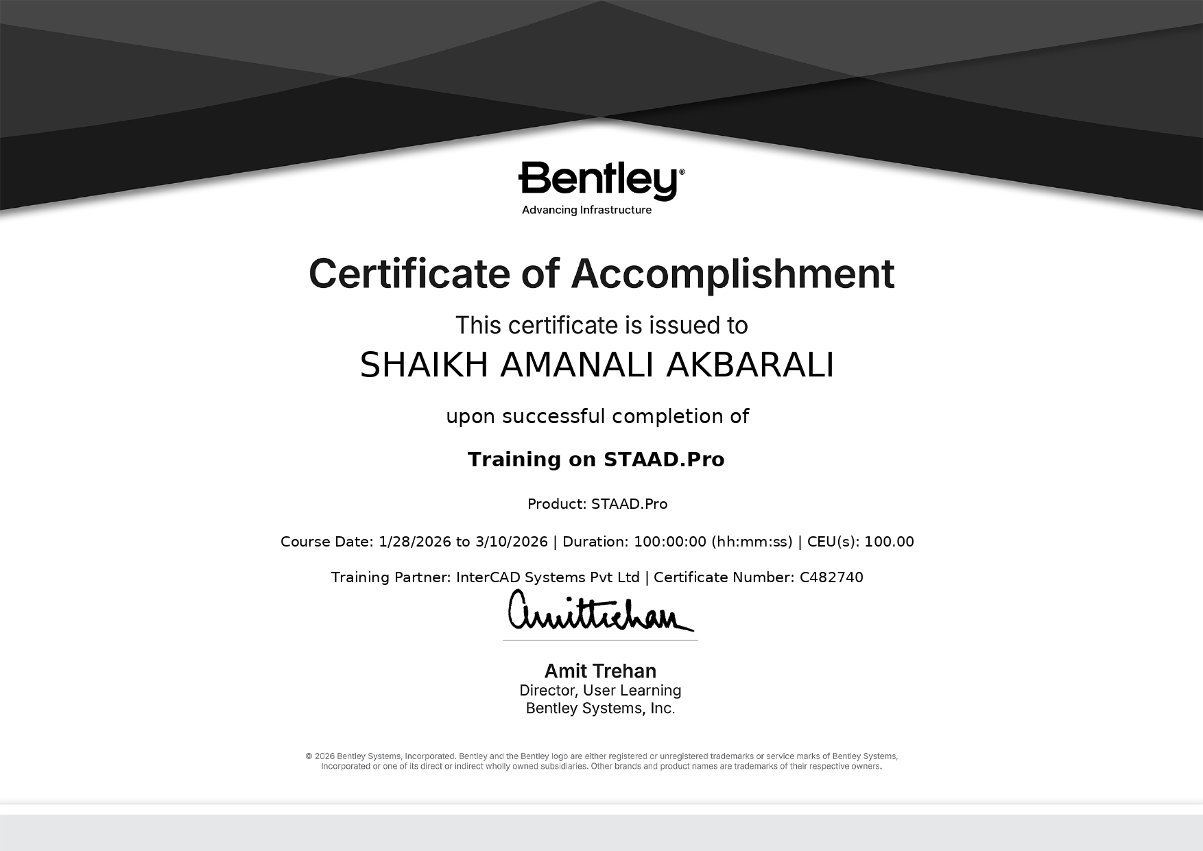 Student Recevied Bentley Certificate From CAD Center Hyderabad